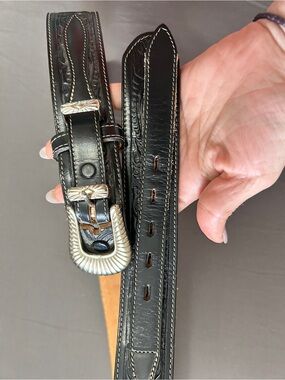 Tony Lama Western Black Leather Belt Sz 38 - Silver Tone Buckle